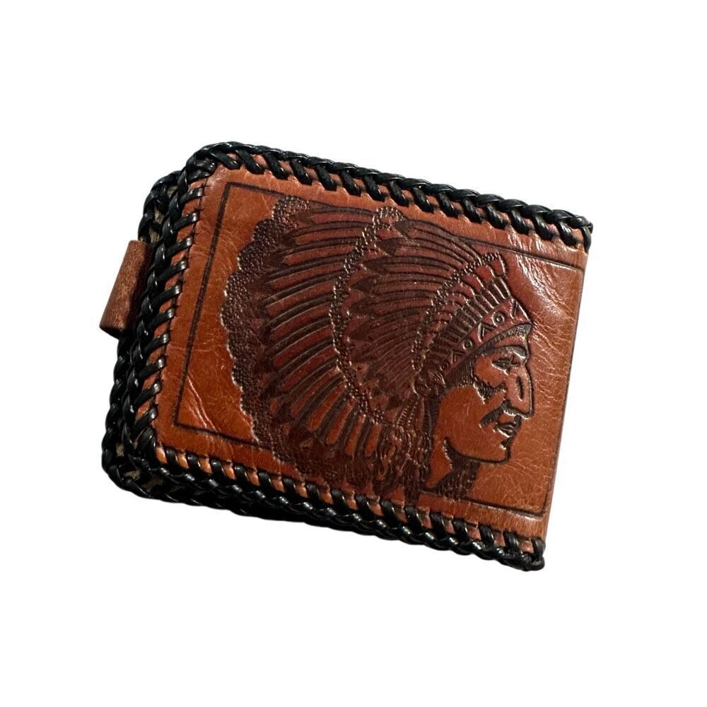 Vintage Men's Brown Hand Tooled Leather Native American Bi-fold Wallet OS